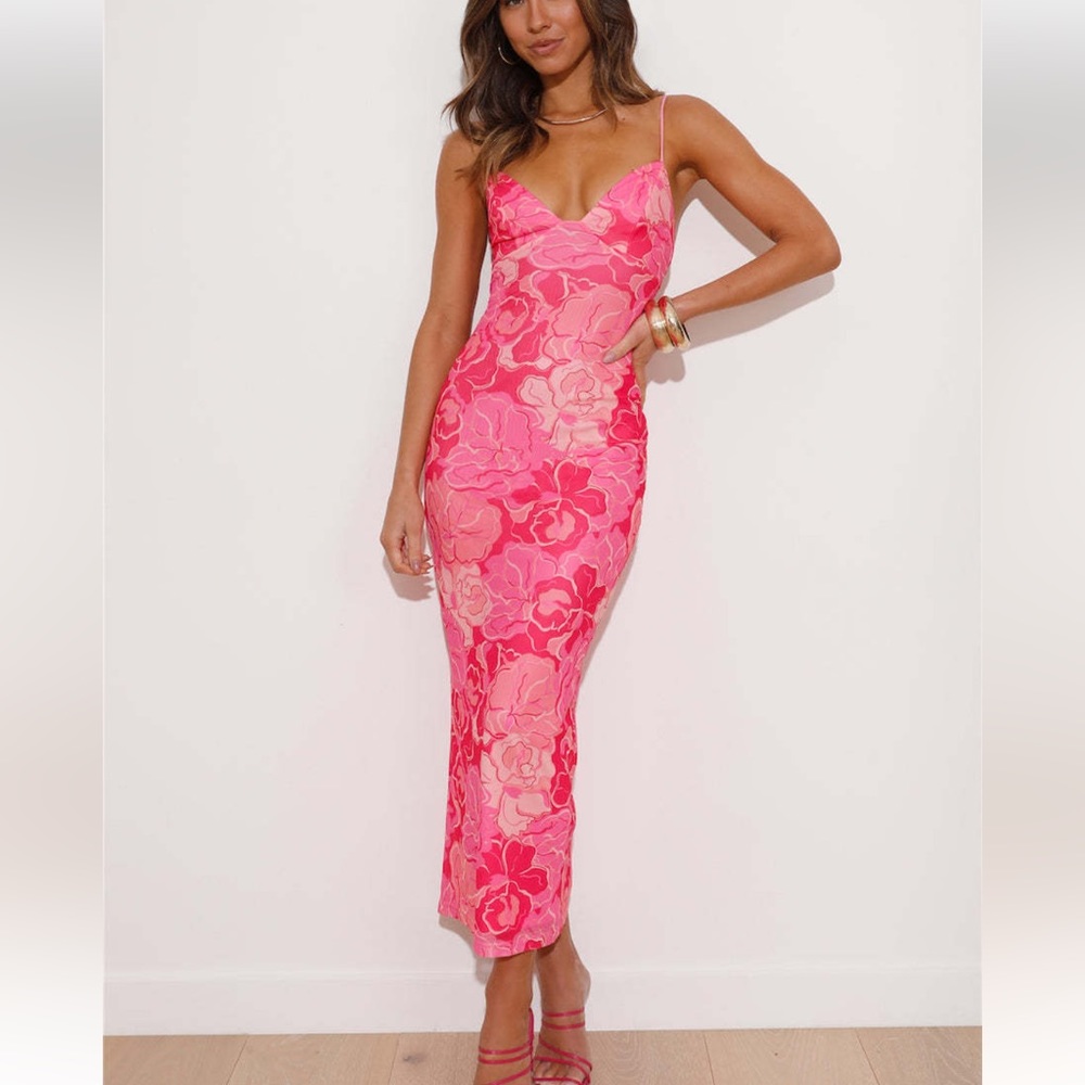 Pink mesh floral midi dress
